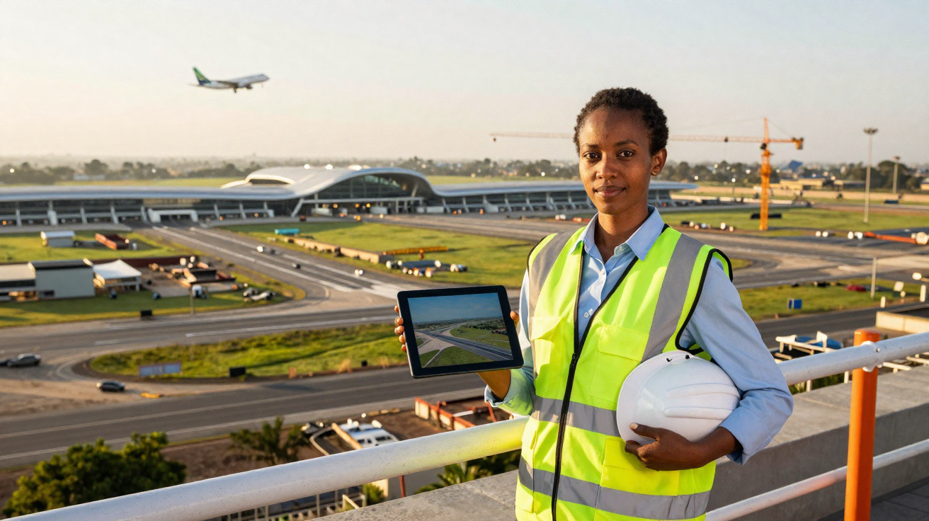 Mulher com colete refletivo segura tablet e capacete em obra de aeroporto ao fundo com avião no céu.
