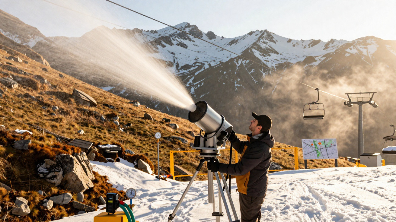 Homem ajusta máquina de neve artificial em estação de esqui com montanhas ao fundo ao amanhecer.