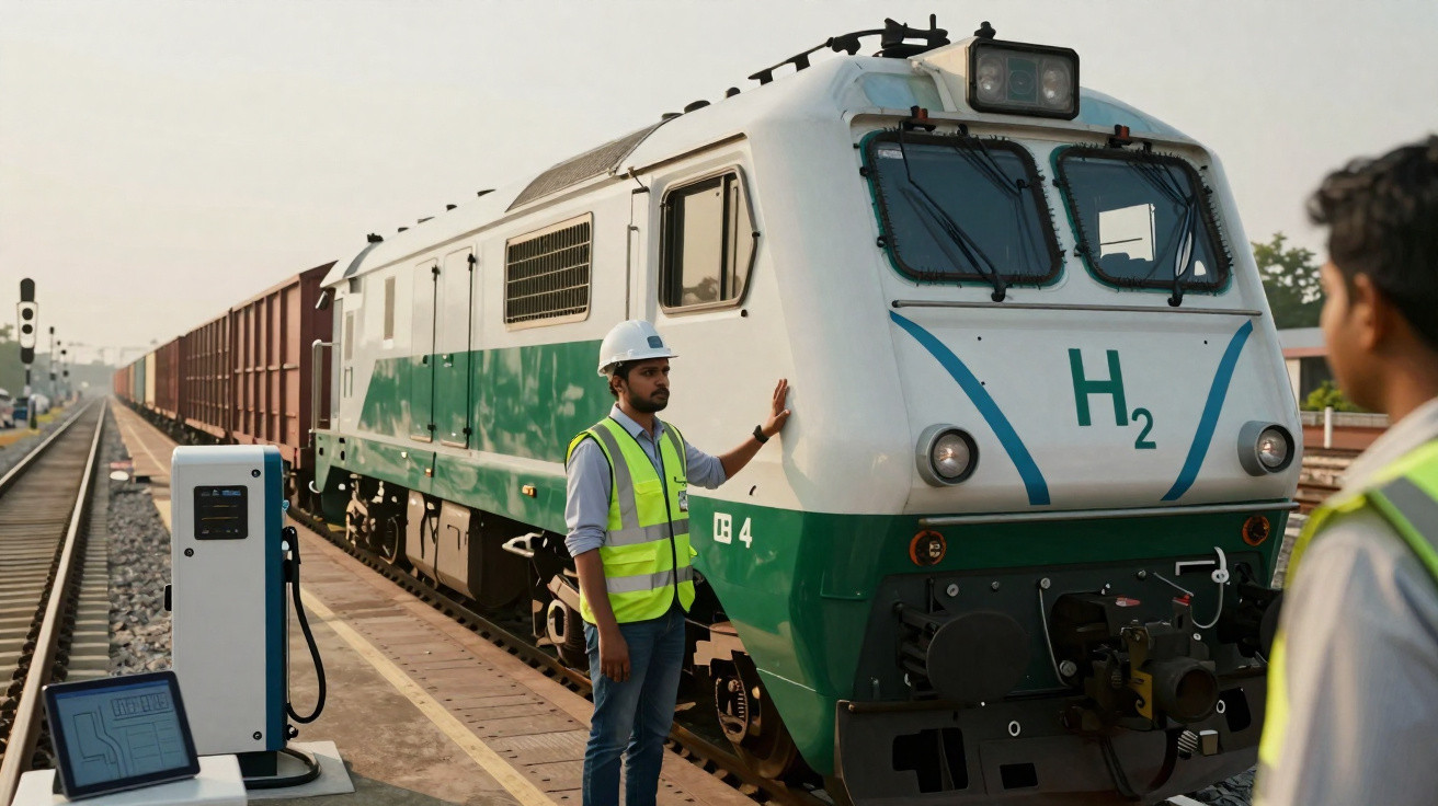 Locomotiva movida a hidrogênio com técnicos usando coletes de segurança na estação ferroviária.