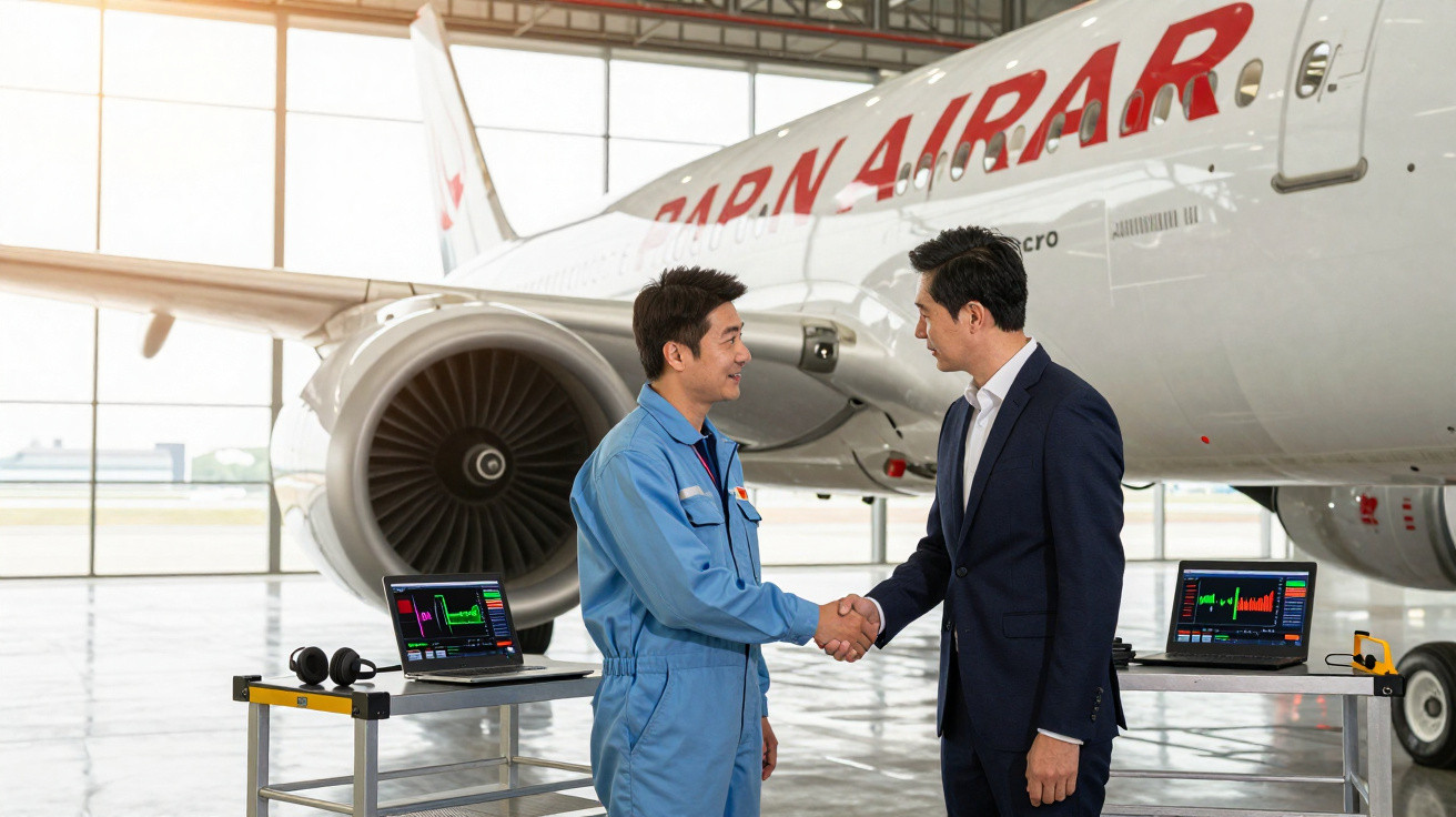 Dois homens apertam as mãos em frente a um avião em hangar, com laptops mostrando dados técnicos.