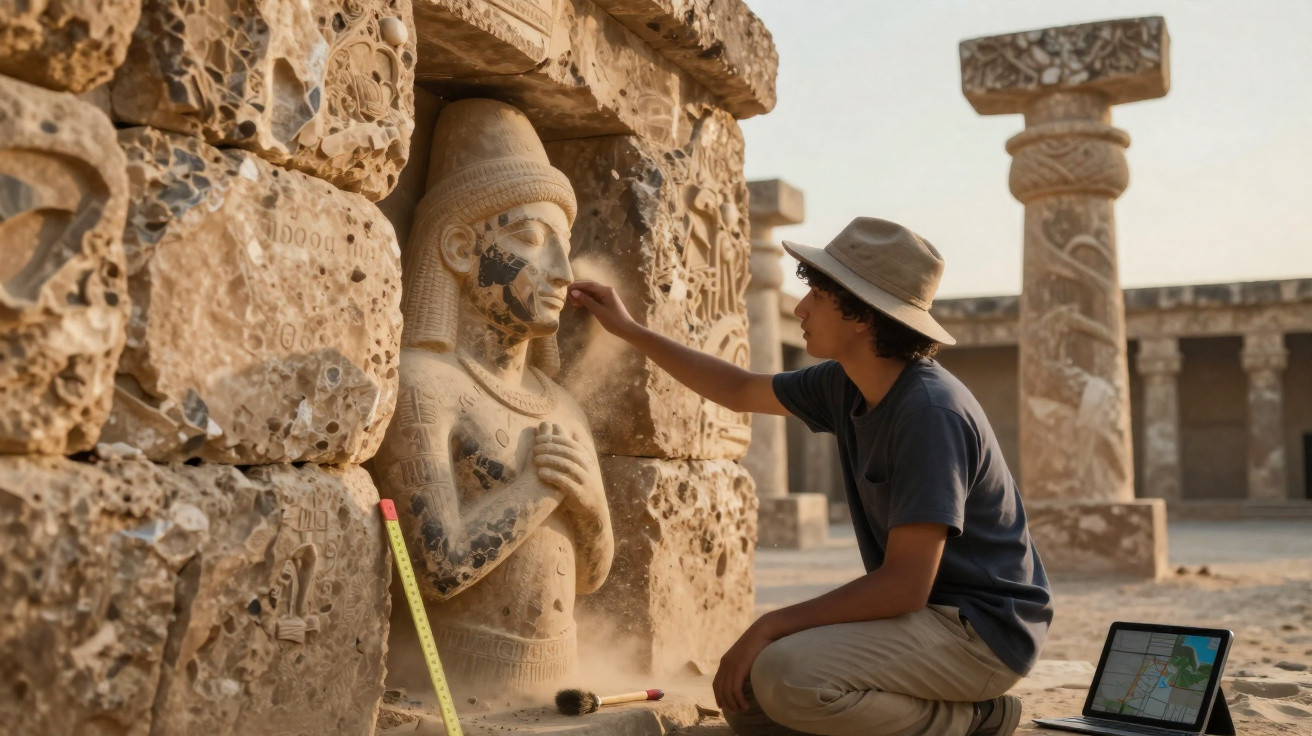Arqueólogo limpando estátua antiga em sítio arqueológico com colunas e escavações ao redor.