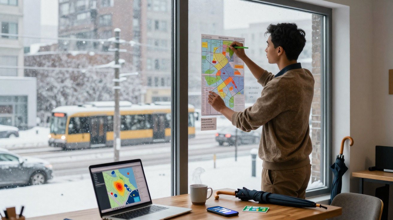 Pessoa marca mapa colorido em janela com neve do lado de fora, laptop e objetos em mesa ao fundo.