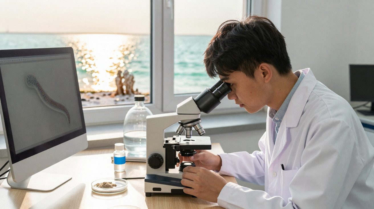 Homem em jaleco branco observando amostra em microscópio com janela e vista para o mar ao fundo.