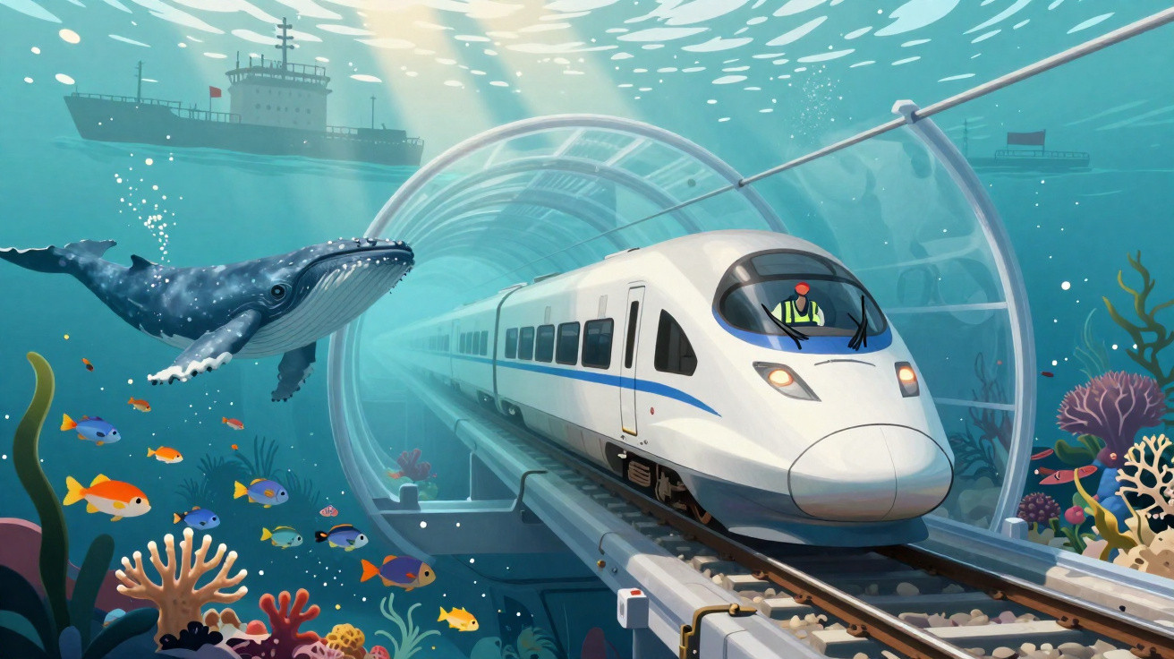 Túnel submarino com trem de alta velocidade, baleia, peixes coloridos e navio acima na água.