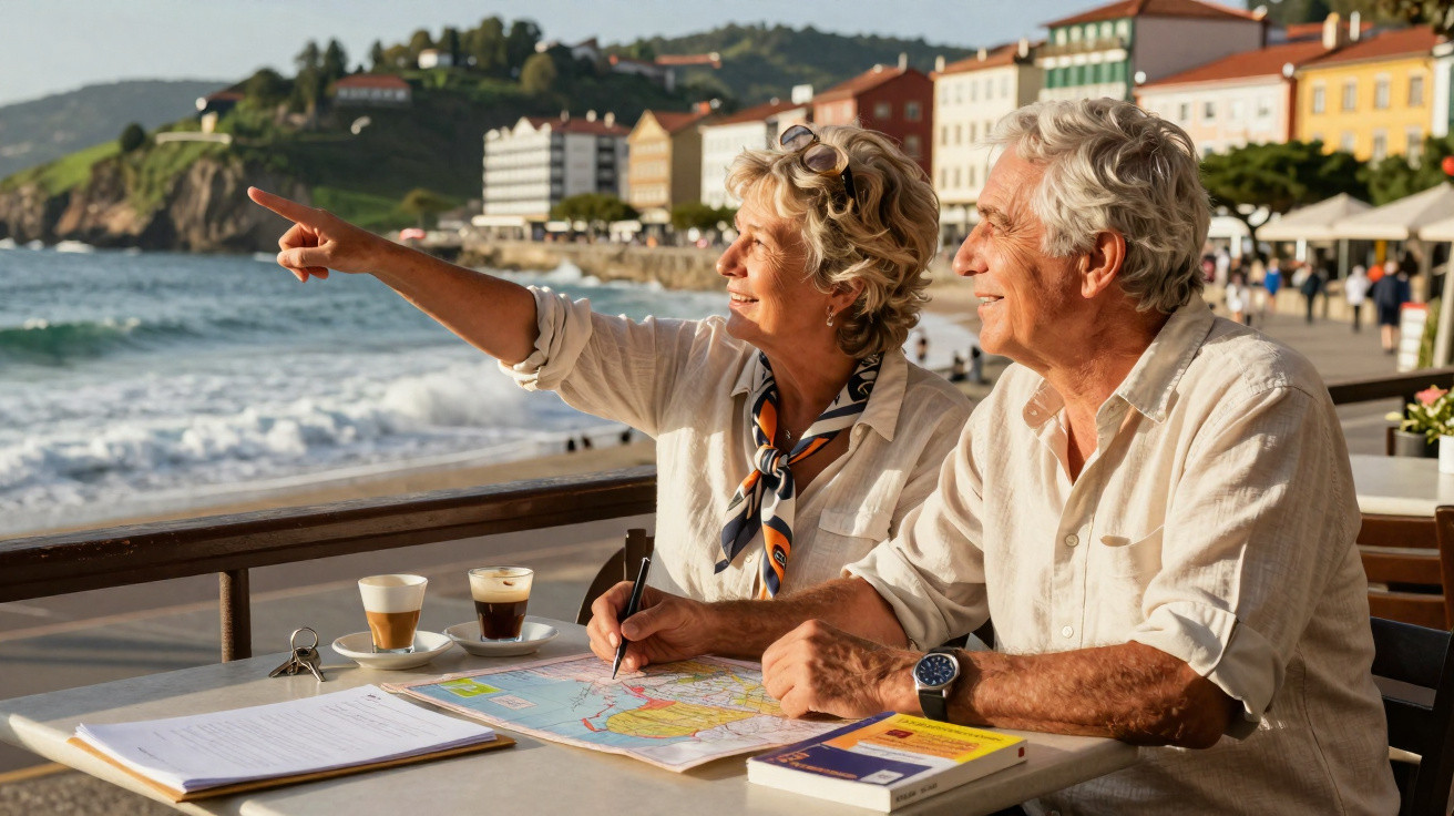 Casal idoso planejando viagem à beira-mar com mapa, livros e cafés em mesa ao pôr do sol.