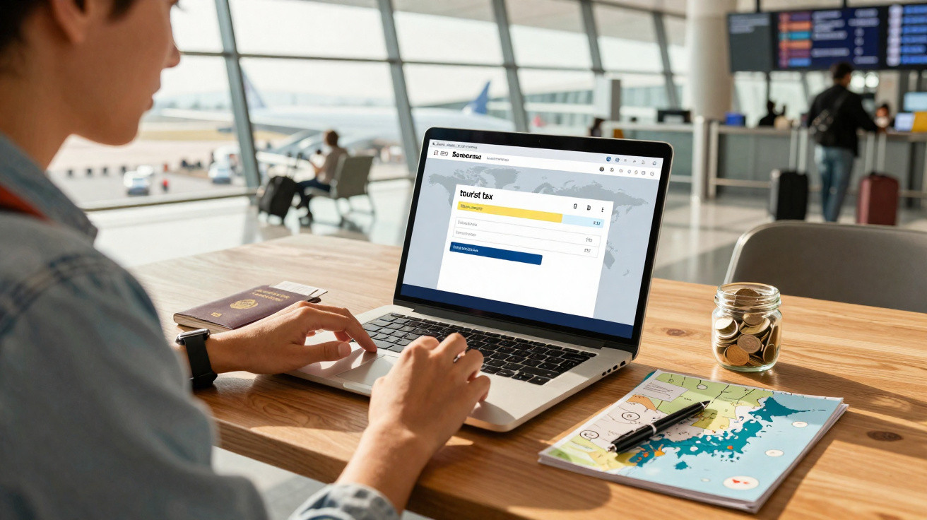Pessoa usando laptop com site de planejamento financeiro em mesa de aeroporto com passaporte e mapa.