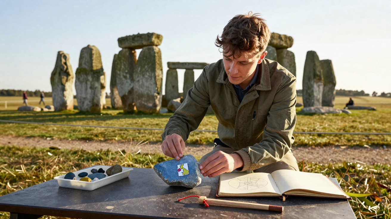 Jovem estudando pedra com adesivo colorido em mesa perto de Stonehenge ao entardecer.