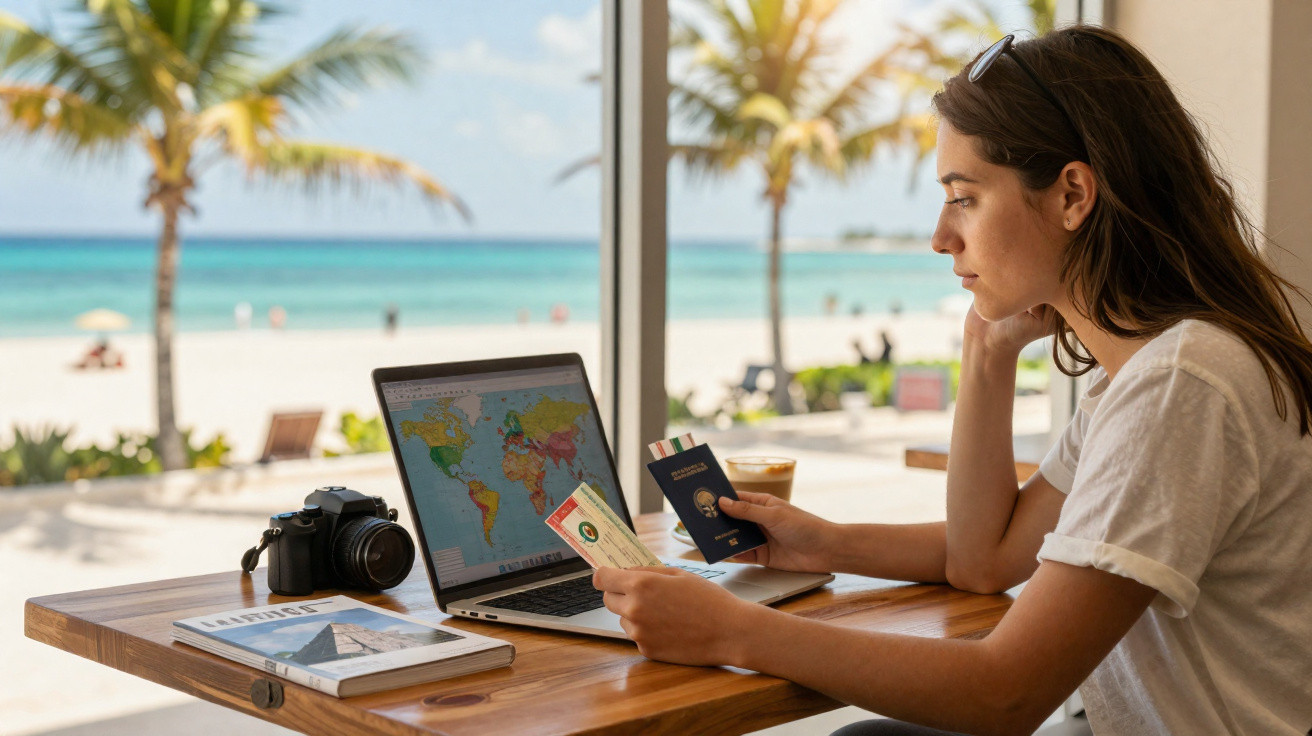 Mulher planeja viagem na praia com laptop, passaporte, documentos e câmera sobre a mesa.