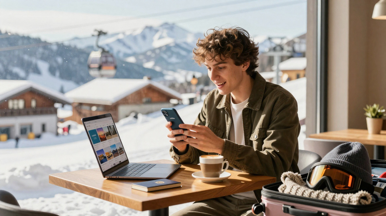 Jovem sentado em cafeteria na neve usando celular com laptop aberto na mesa e equipamento de esqui ao lado.