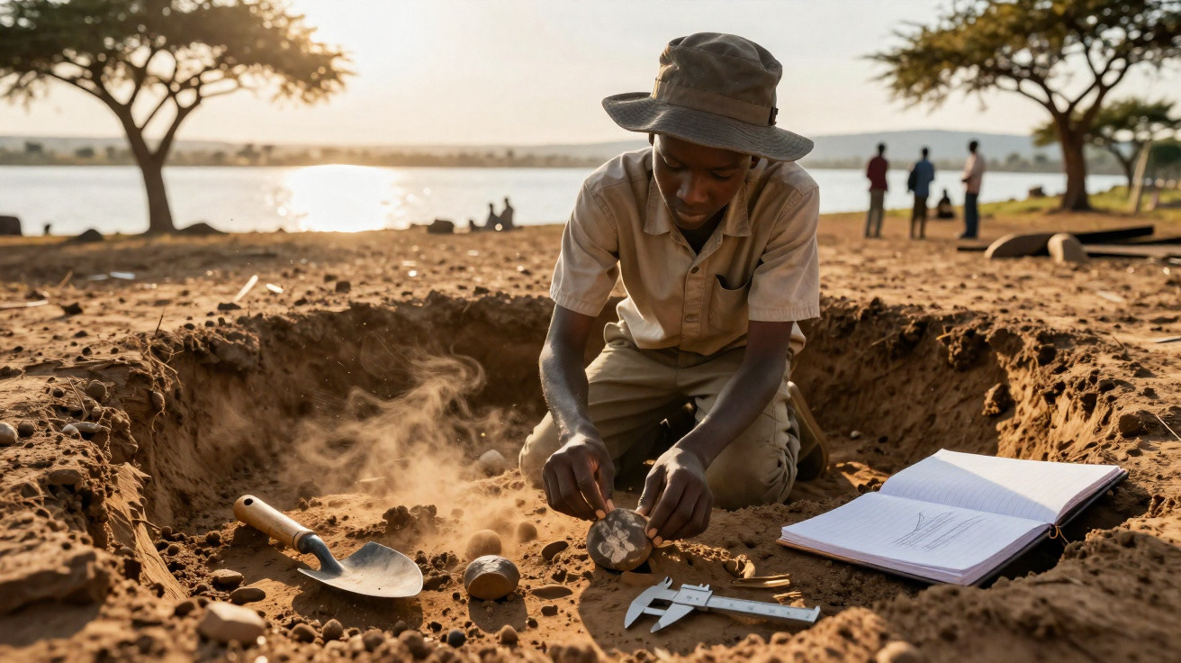 Menino arqueólogo escavando e analisando artefato em sítio arqueológico ao ar livre ao entardecer.