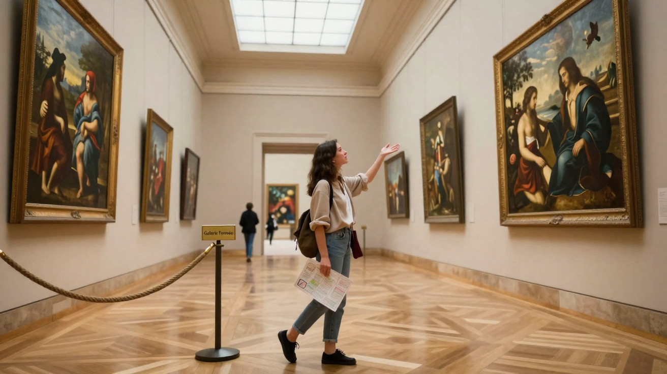 Mulher observa pinturas religiosas em galeria de arte com chão de madeira e paredes claras.