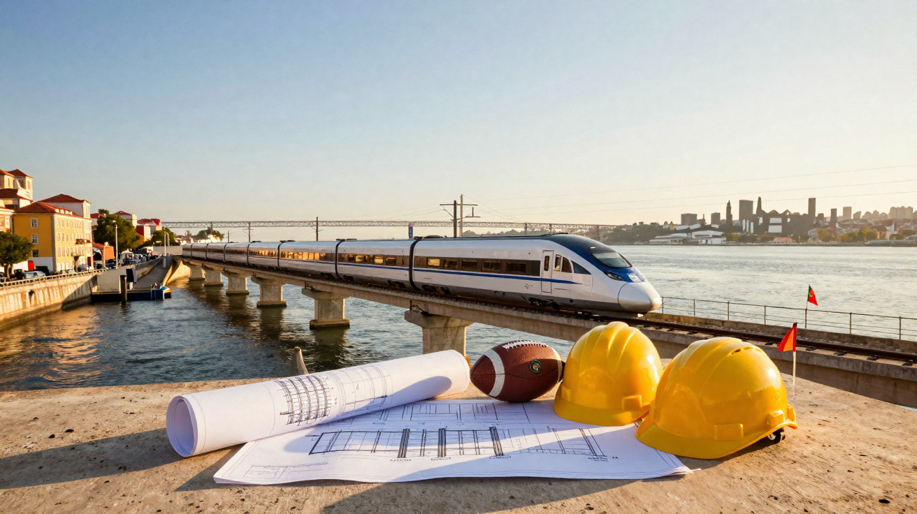 Trem moderno na linha férrea à beira do rio, com capacetes, planta e bola de futebol americano em primeiro plano.