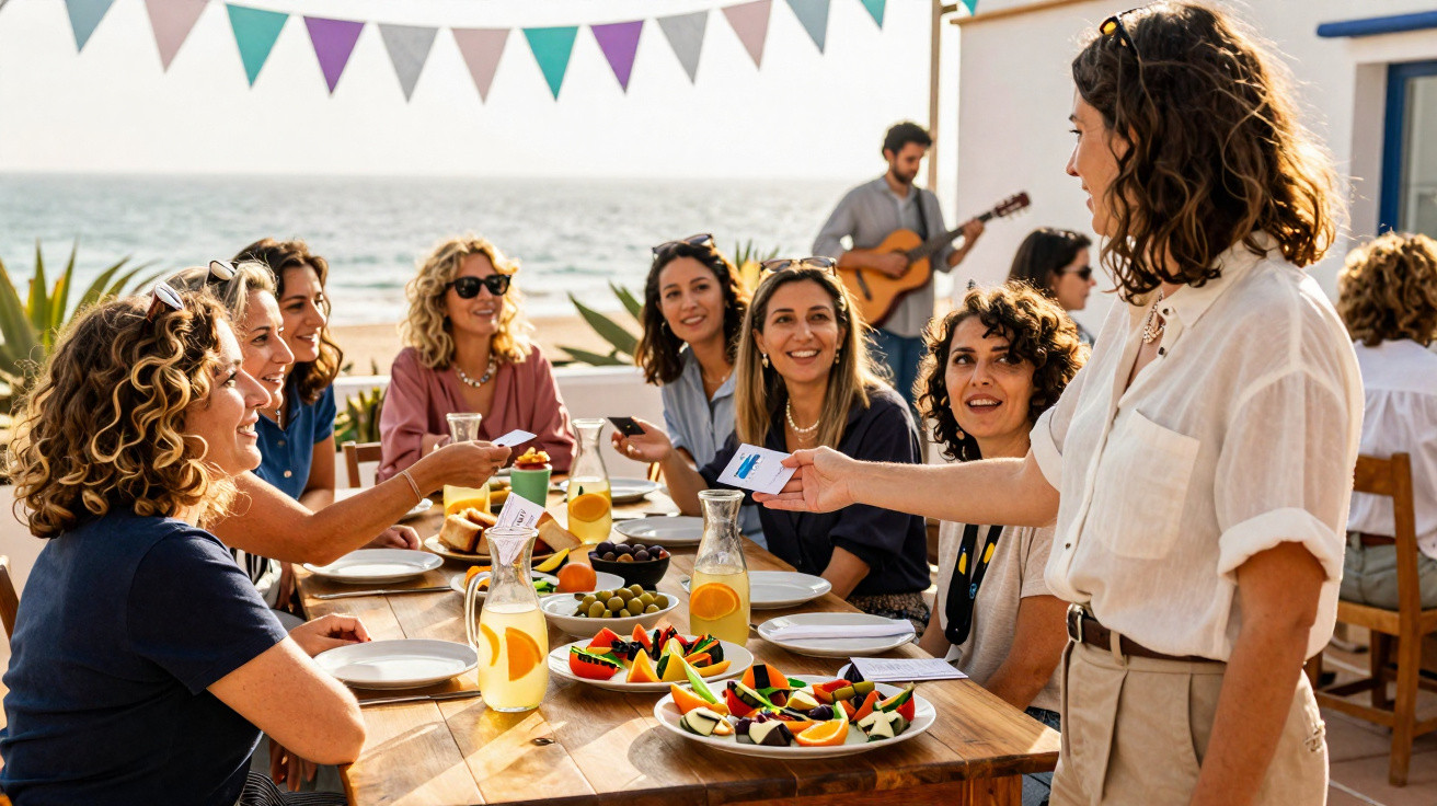 Grupo de mulheres reunidas à mesa na praia com frutas e bebidas, em momento alegre e descontraído.