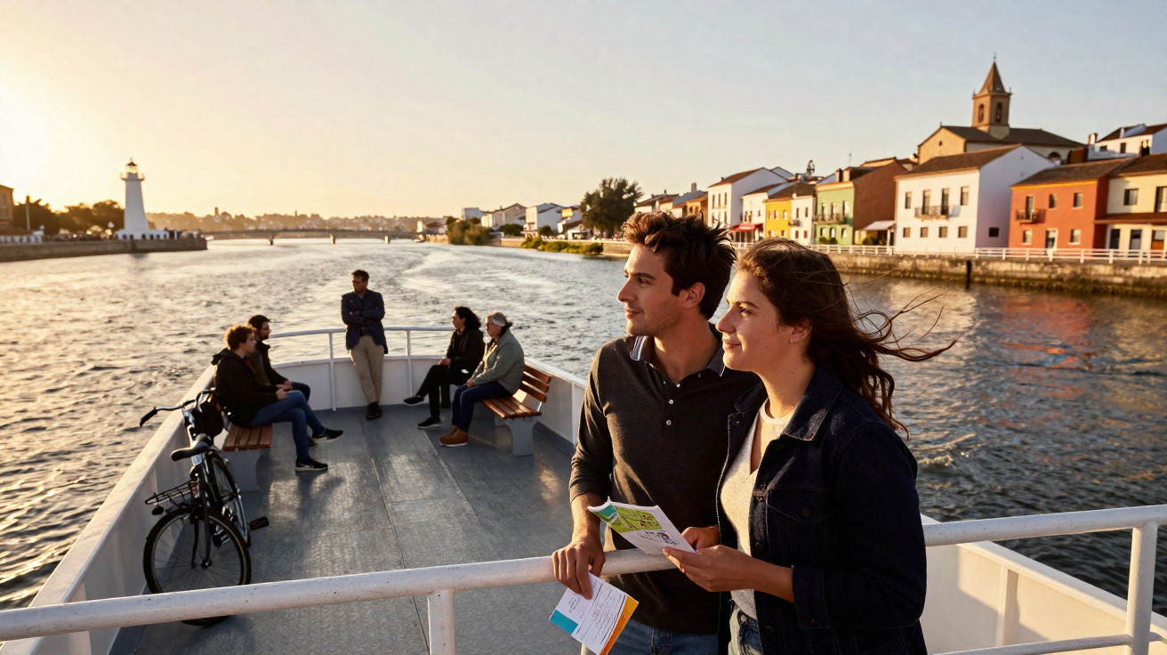 Casal jovem aproveita passeio de barco ao pôr do sol com edifícios coloridos e farol ao fundo.