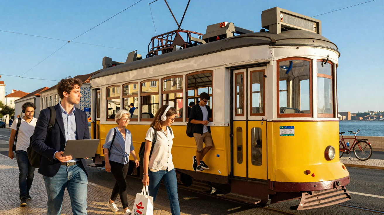 Tram amarelo tradicional em ponto à beira-mar com passageiros caminhando ao redor em dia ensolarado.