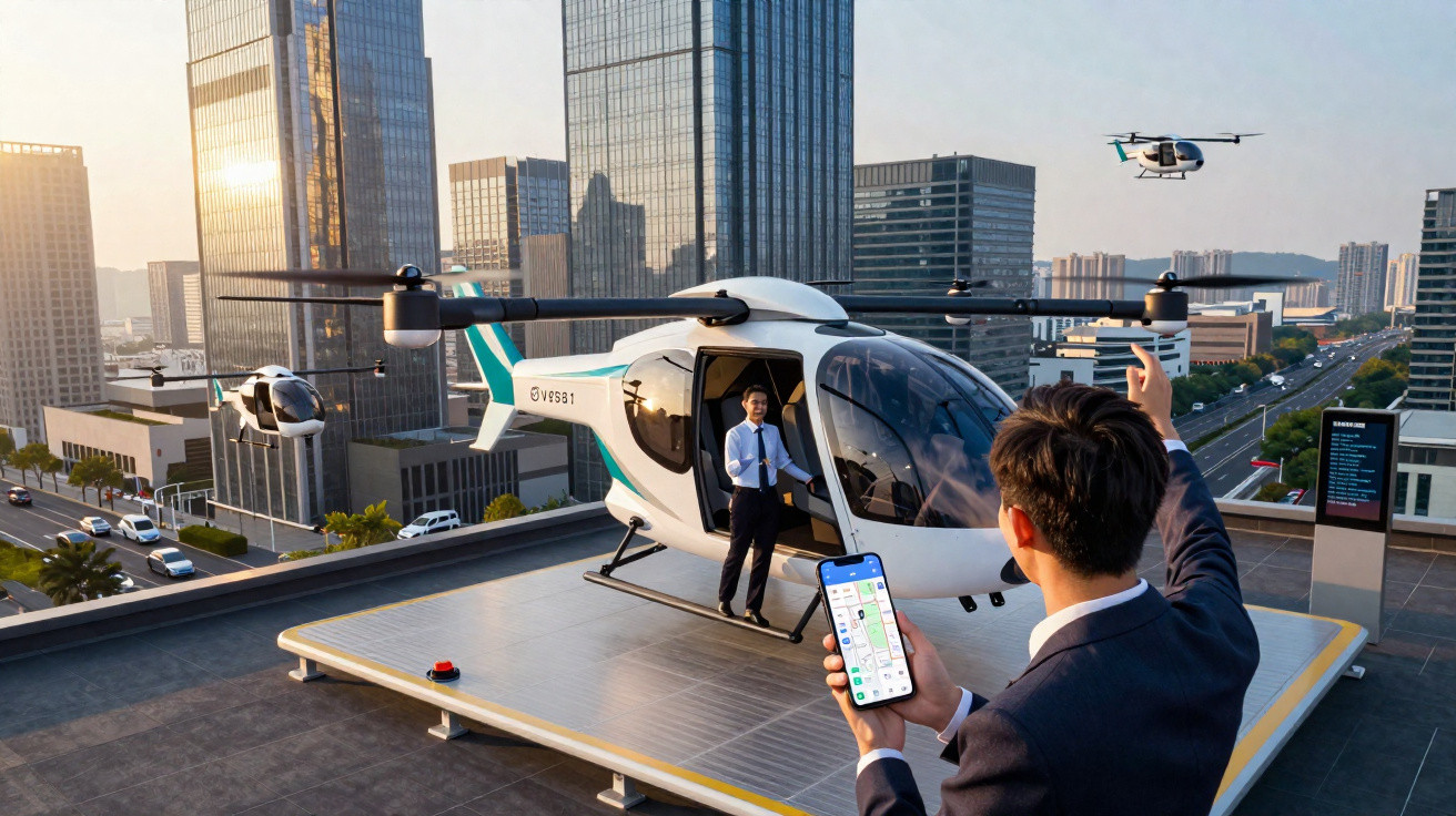 Homem com celular chama piloto em helicóptero elétrico em heliponto urbano ao entardecer.