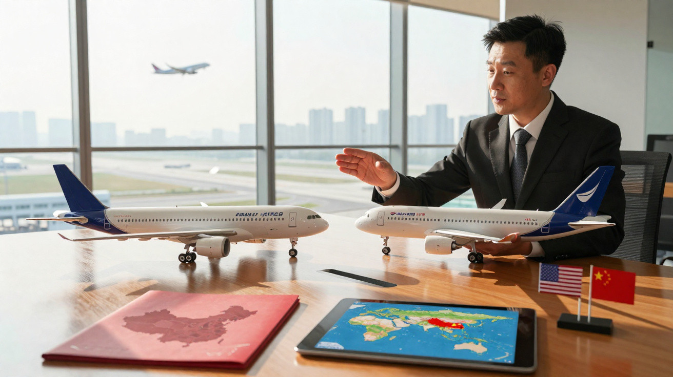 Homem em terno apresenta modelos de aviões em mesa com mapas e bandeiras dos EUA e China ao fundo aeroporto.