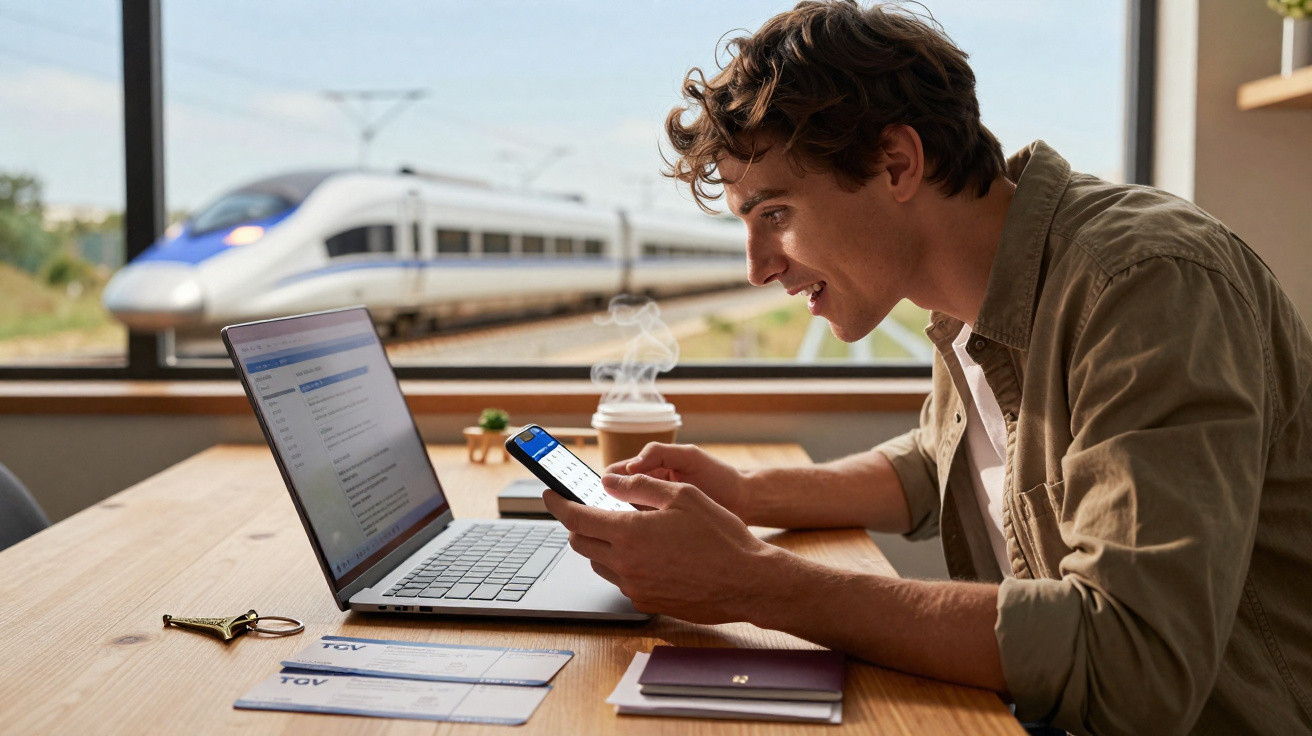 Jovem sorridente usando celular e laptop em mesa com passagens, visto, café, com trem em movimento ao fundo.