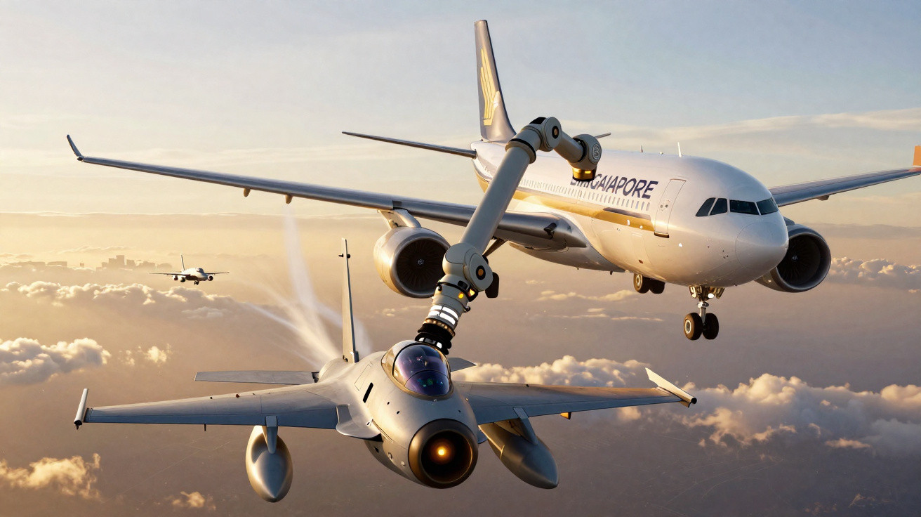 Avião de cauda baixa reabastecendo avião comercial da Singapore Airlines em voo sobre nuvens ao pôr do sol.