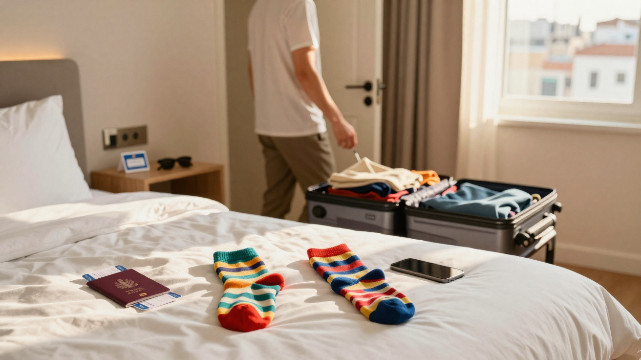 Meias coloridas, passaporte e celular sobre cama em quarto de hotel com mala aberta e pessoa de pé.