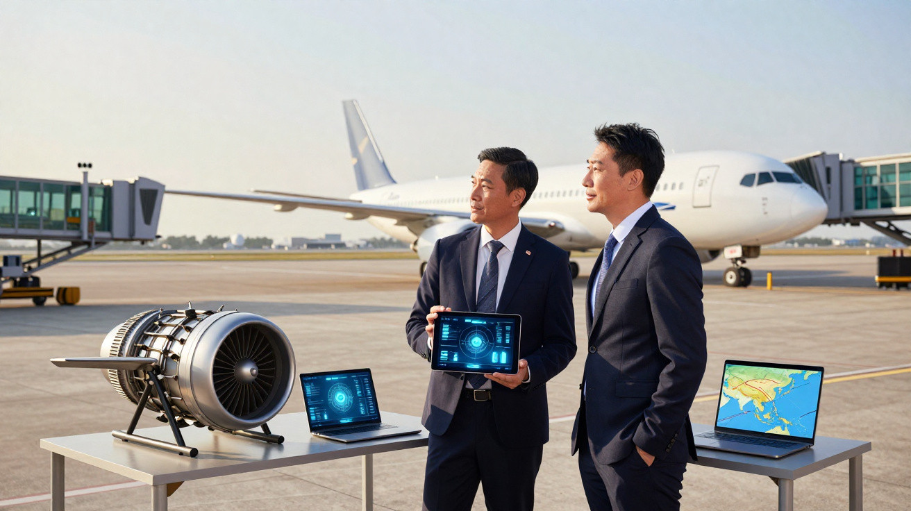 Dois homens de terno analisam dados em dispositivos digitais ao lado de motor de avião e aeronave no aeroporto.