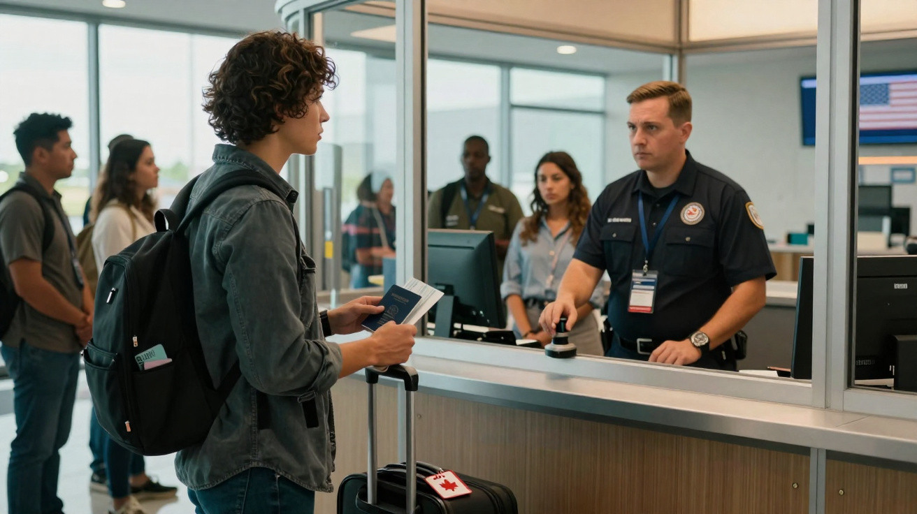 Jovem com mochila e passaporte sendo atendido por oficial em controle de imigração no aeroporto.