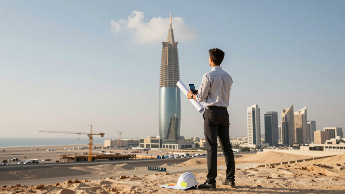 Homem de negócios com planta e celular observando edifícios altos e construção em área de deserto.
