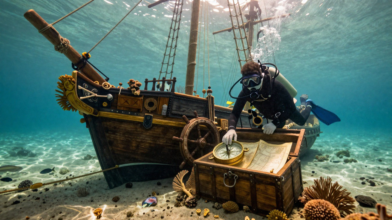 Mergulhador explorando um navio pirata submerso com um baú aberto contendo mapas e bússola no fundo do mar.