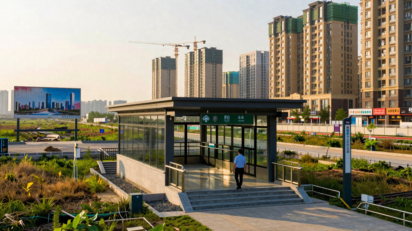 Entrada de estação moderna com avenidas e prédios residenciais ao fundo em área urbana.