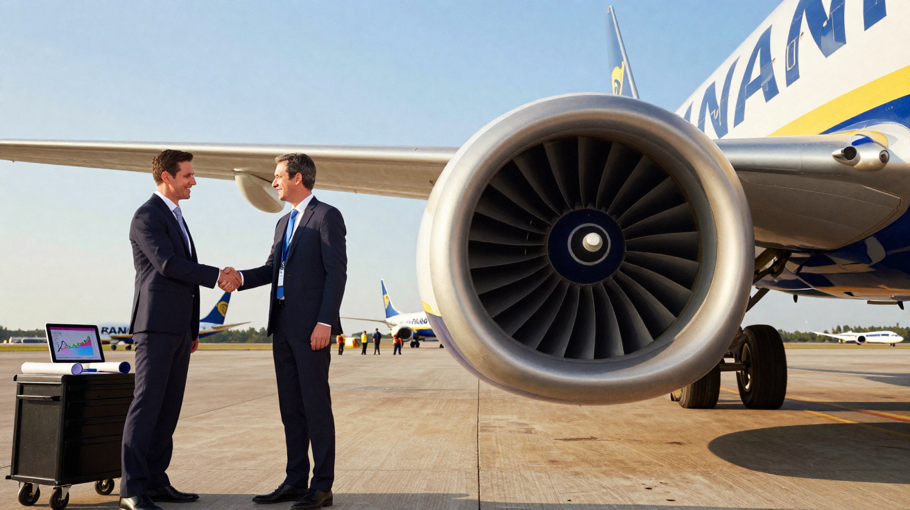 Dois homens de terno apertam as mãos ao lado do motor de um avião em um aeroporto.