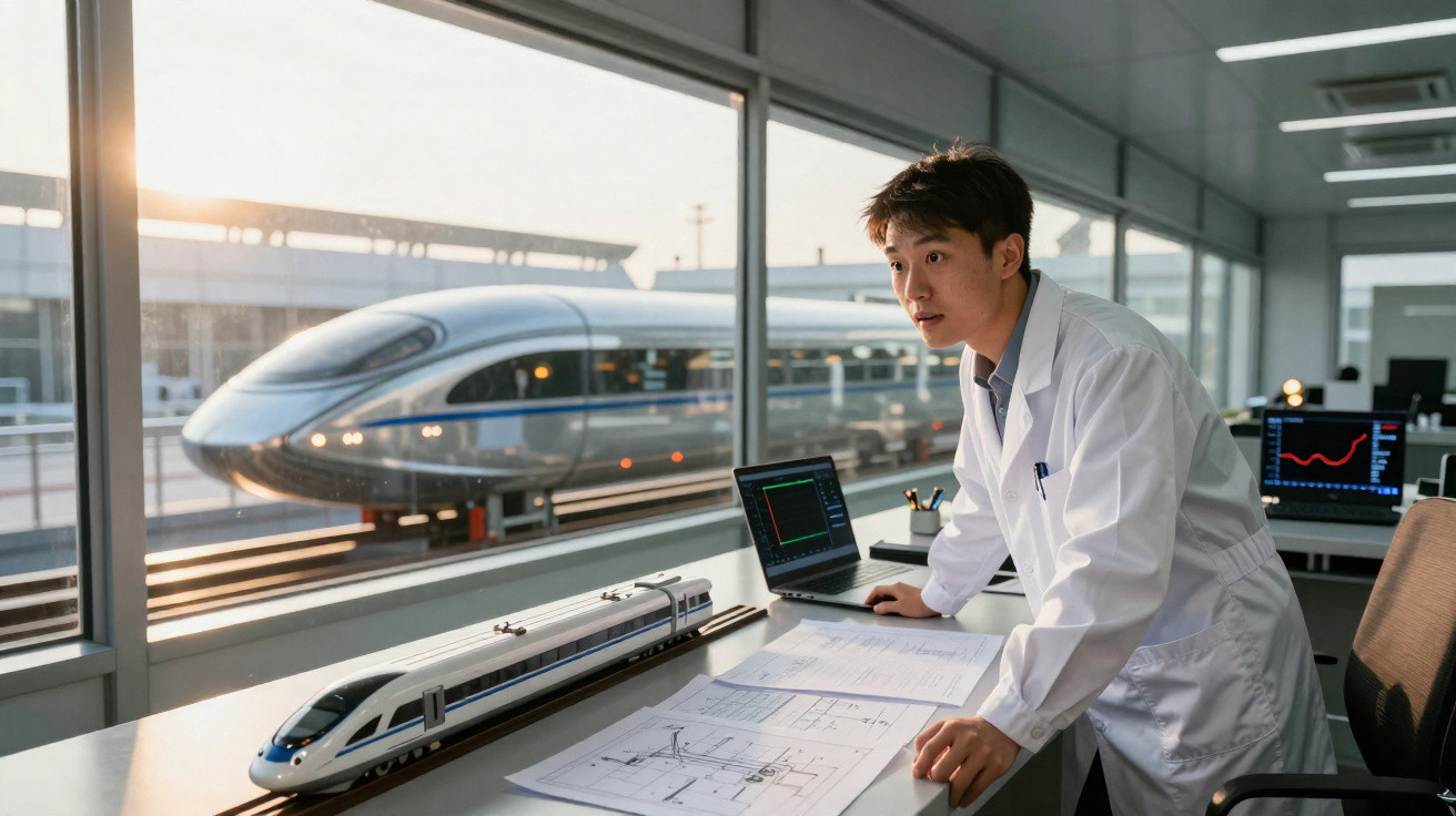 Engenheiro em laboratório observa modelo e projeto de trem-bala com trem real ao fundo na estação.