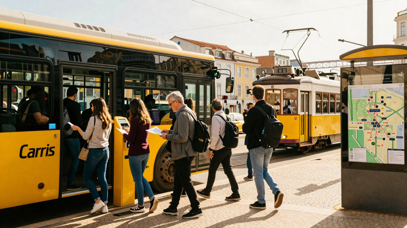Pessoas embarcando em ônibus amarelo na parada com mapa e bonde ao fundo em dia ensolarado.