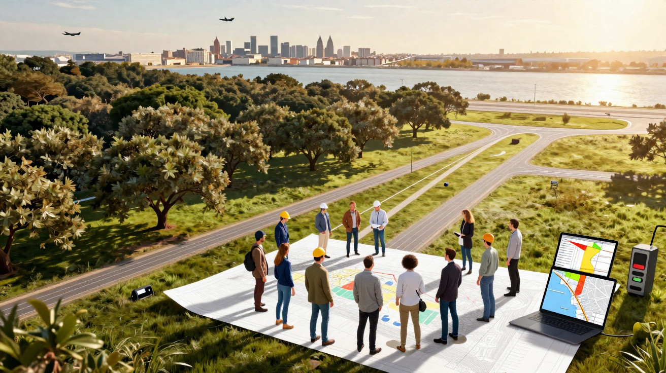 Grupo de pessoas reunidas em campo com plantas, mapas e computador, cidade e aviões ao fundo ao pôr do sol.