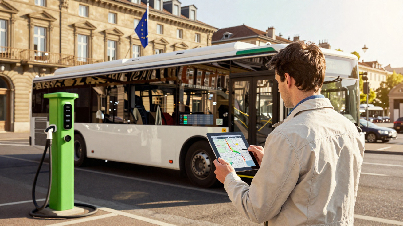Homem usando tablet perto de ponto de recarga de ônibus elétrico em área urbana histórica.