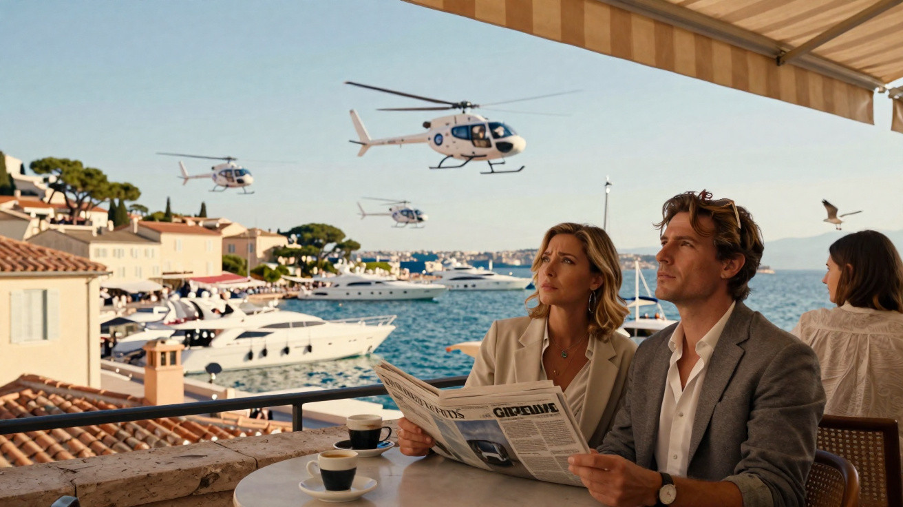 Casal elegante sentado em café à beira-mar com jornais, vários helicópteros e iates ao fundo em dia claro.