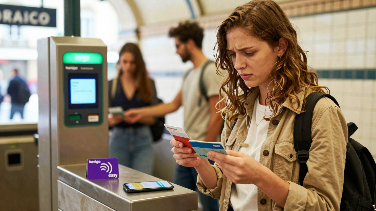 Mulher jovem confusa olhando cartões no acesso ao metrô com outras pessoas ao fundo.
