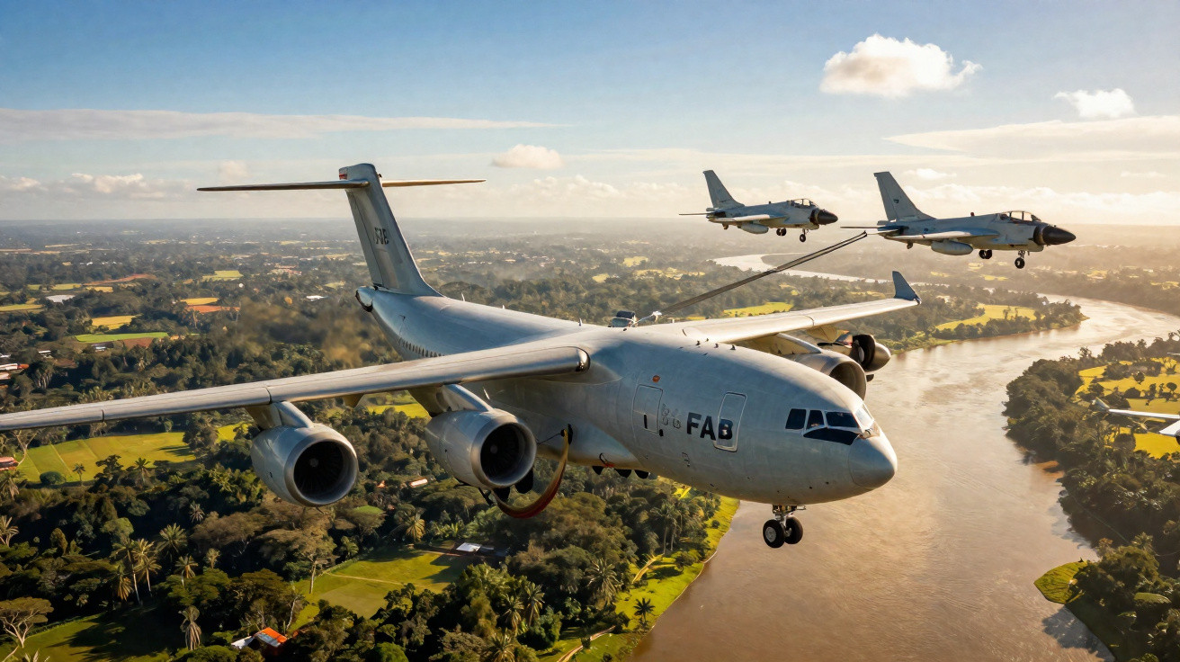Avião tanque da FAB abastecendo dois jatos militares sobrevoando rio e floresta ao pôr do sol.