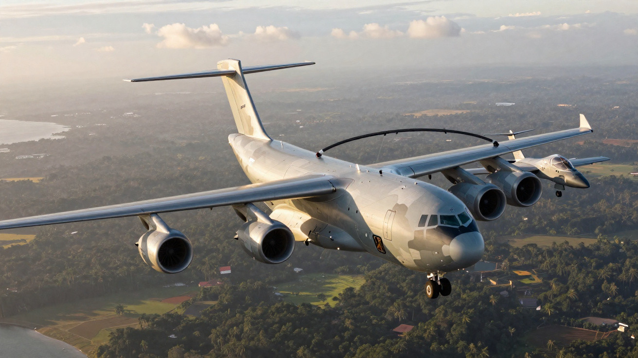 Avião militar de grande porte voando sobre área verde com céu parcialmente nublado ao fundo.