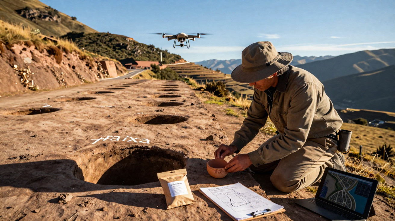 Pesquisador em traje de campo registra dados arqueológicos em sítio com uso de drone e notebook em área montanhosa.