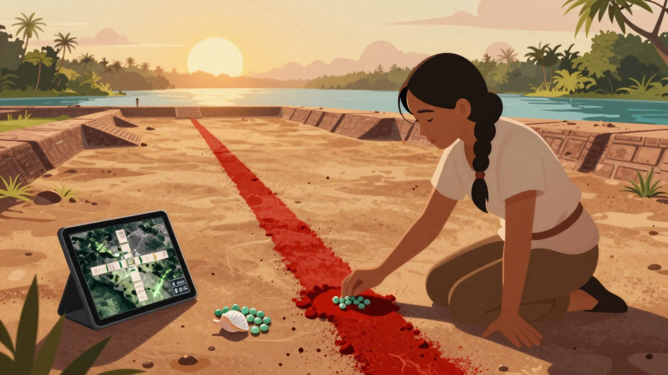 Mulher ajoelhada em frente a um rio, colocando contas azuis em um sulco vermelho no chão ao pôr do sol.