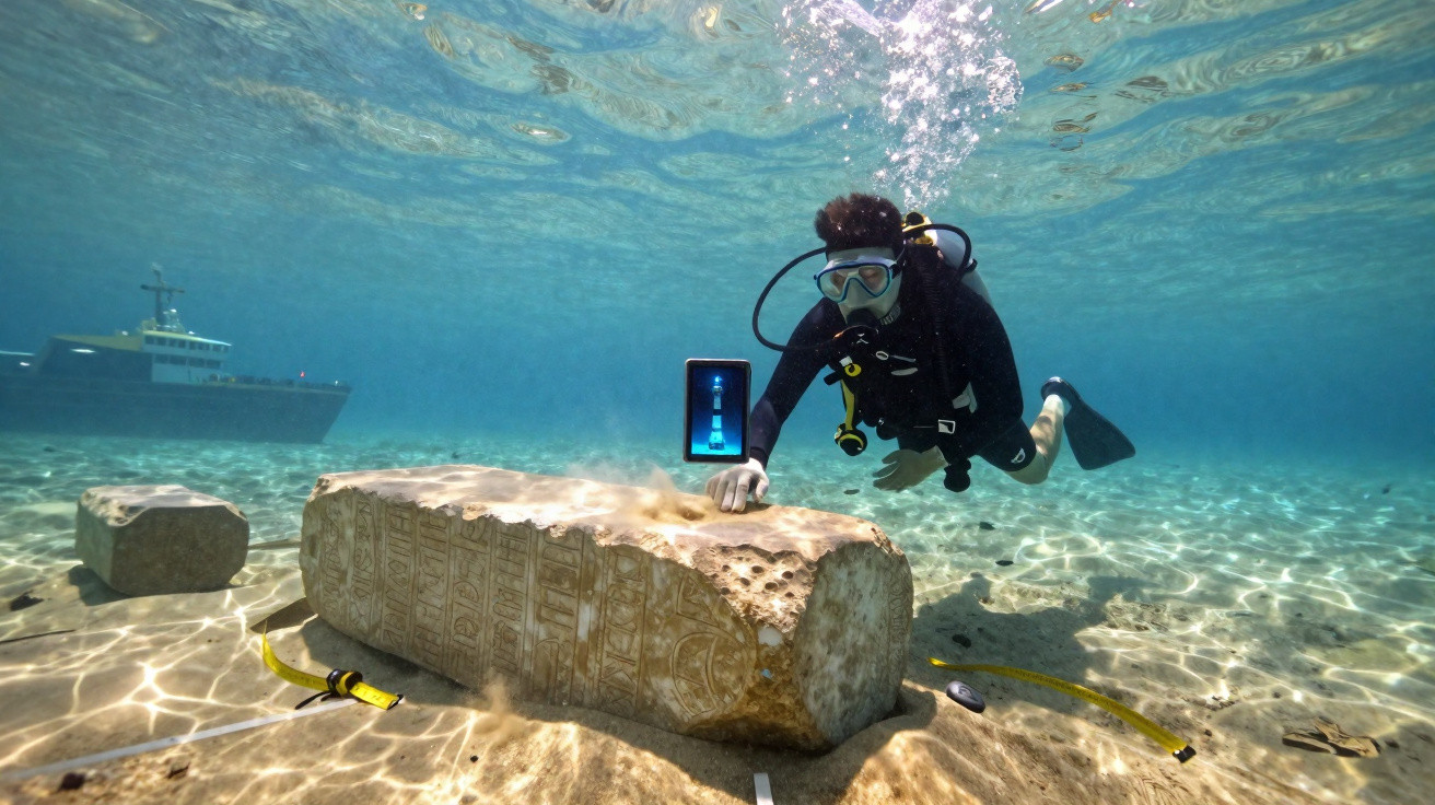 Mergulhador examina pedra subaquática com inscrições antigas, navio ao fundo em água cristalina.
