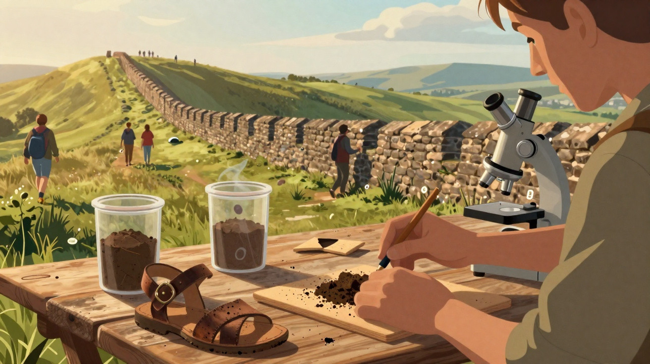 Pessoa analisa amostra de terra em mesa ao ar livre com microscópio, perto de muro de pedra e colina verde.