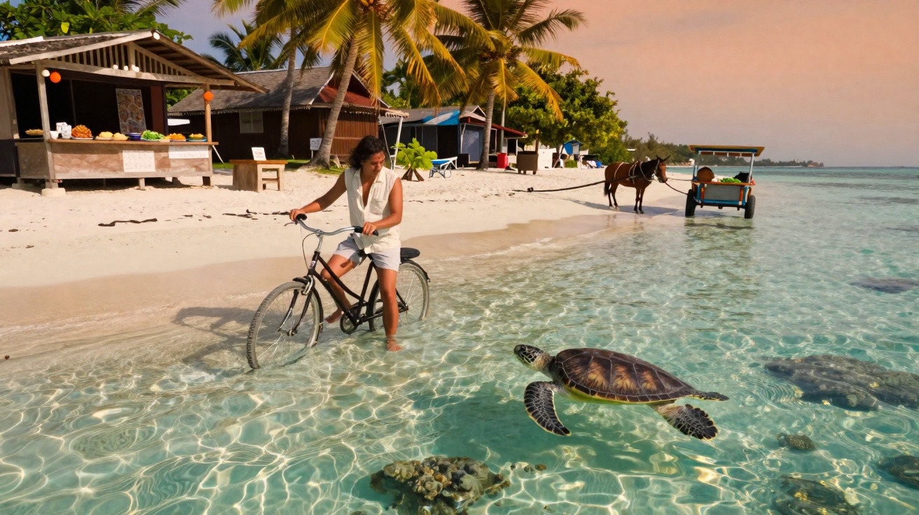 Mulher com bicicleta na água rasa da praia com tartaruga, palmeiras e carruagem puxada por cavalo ao fundo.