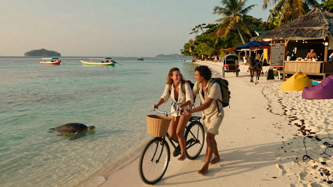Casal feliz com bicicleta na praia, tartaruga no mar e quiosque ao fundo ao entardecer.