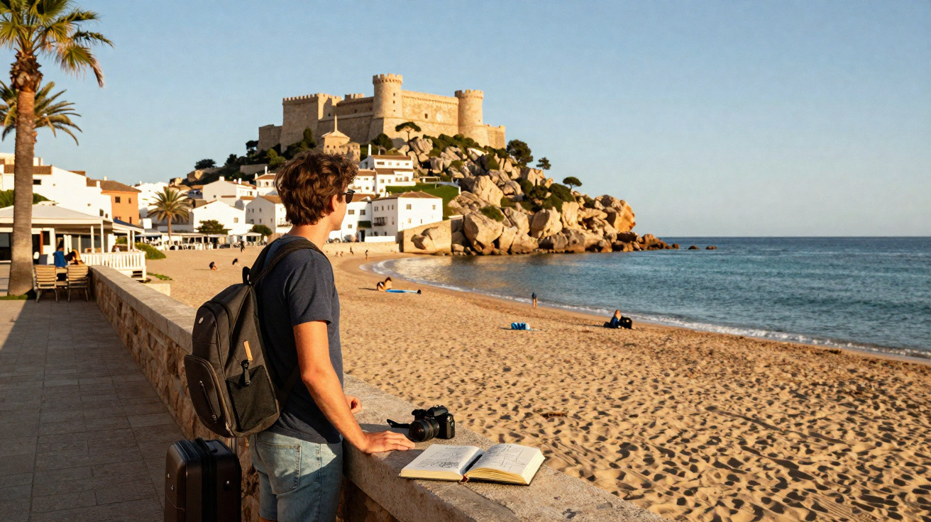 Homem com mochila observa o castelo sobre penhasco à beira da praia ao entardecer.