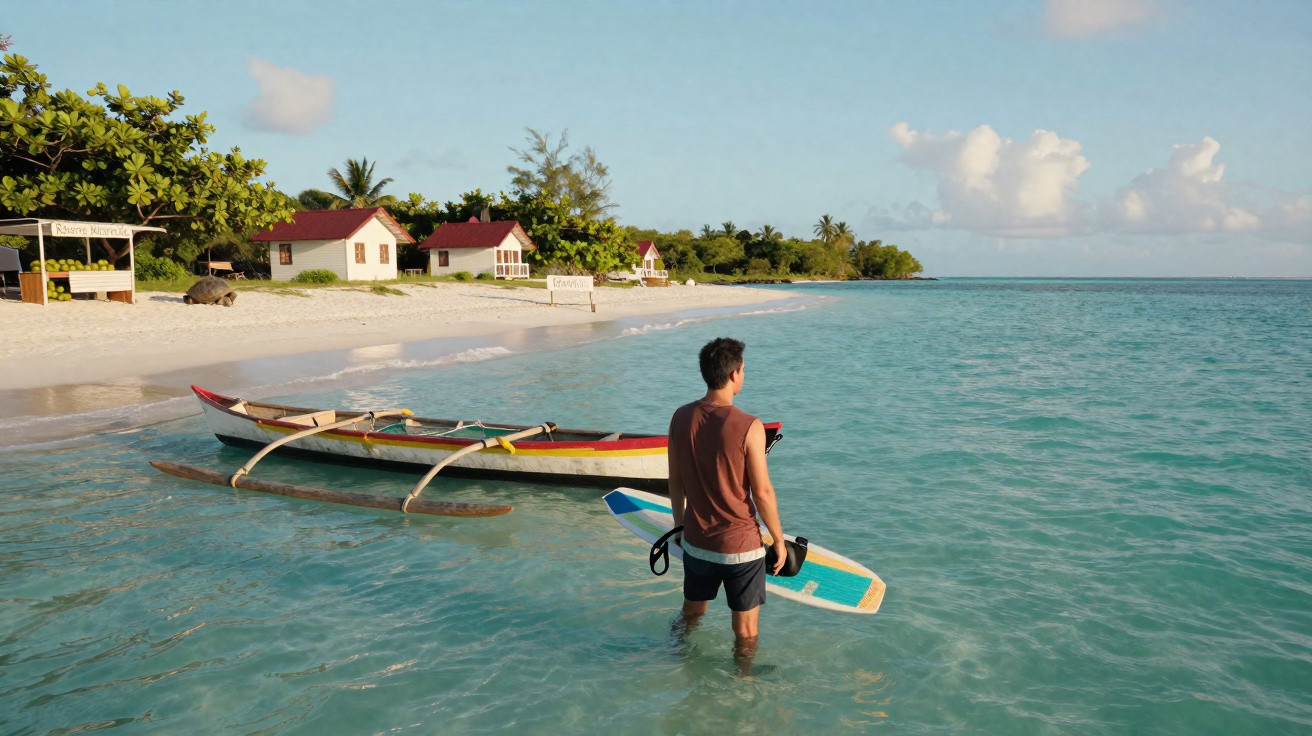 Homem de camiseta e shorts na água com prancha, barco colorido e casas na praia ao fundo.