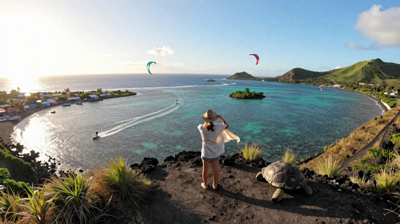 Mulher com chapéu observa kitesurf em baía azul com colinas verdes ao fundo em dia ensolarado.