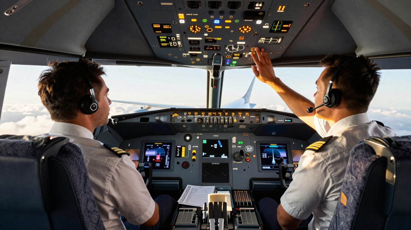Dois pilotos com fones de ouvido operam controles no cockpit de um avião em voo acima das nuvens.