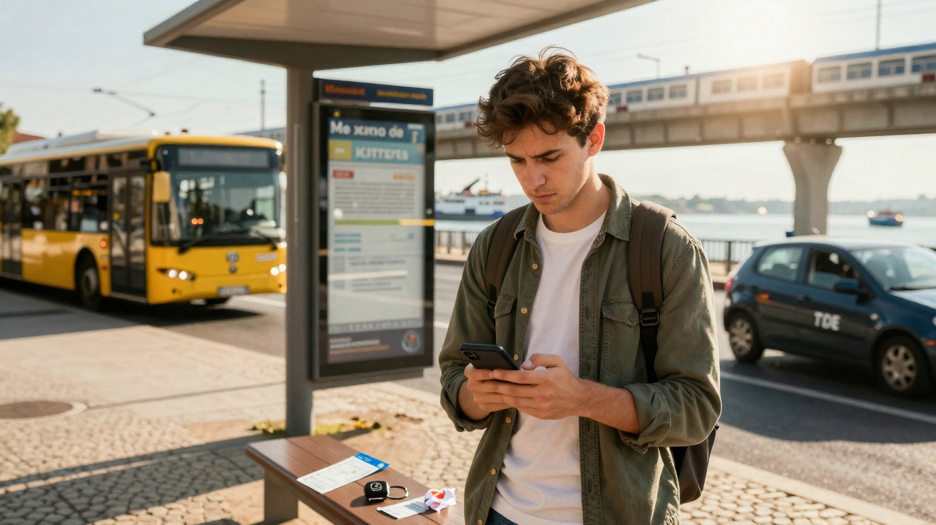 Jovem com mochila usa celular em ponto de ônibus com ônibus amarelo e carro estacionado ao fundo.