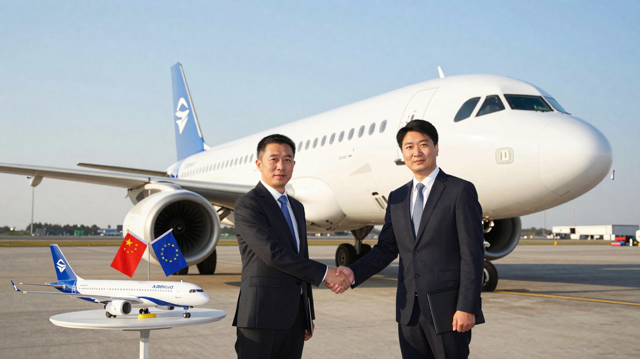 Dois homens de terno apertam as mãos em frente a um avião estacionado e a um mini avião com bandeiras da China e UE.